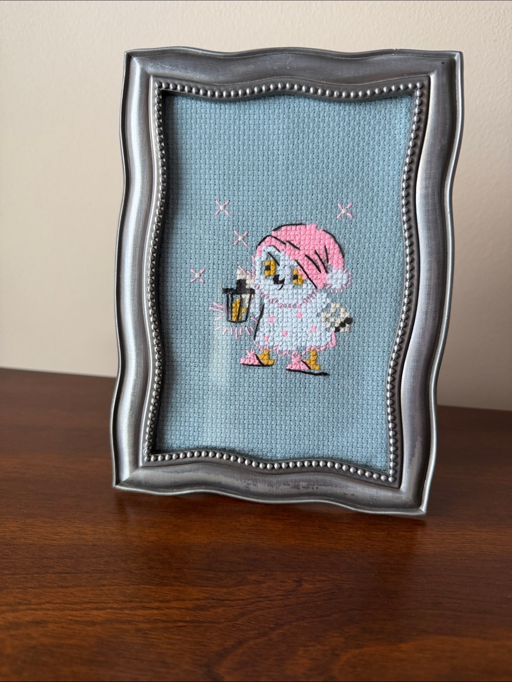Framed 4x6 Pink-Hat 🦉 Cross Stitch Art